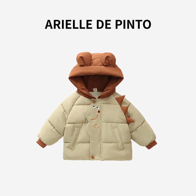 French Arielle De Pinto Cotton-Padded Jacket for Boys and Girls, Winter Fleece-Lined and Thickened, Stylish Cartoon Hooded Color-Blocked Cotton Coat Kakh 90