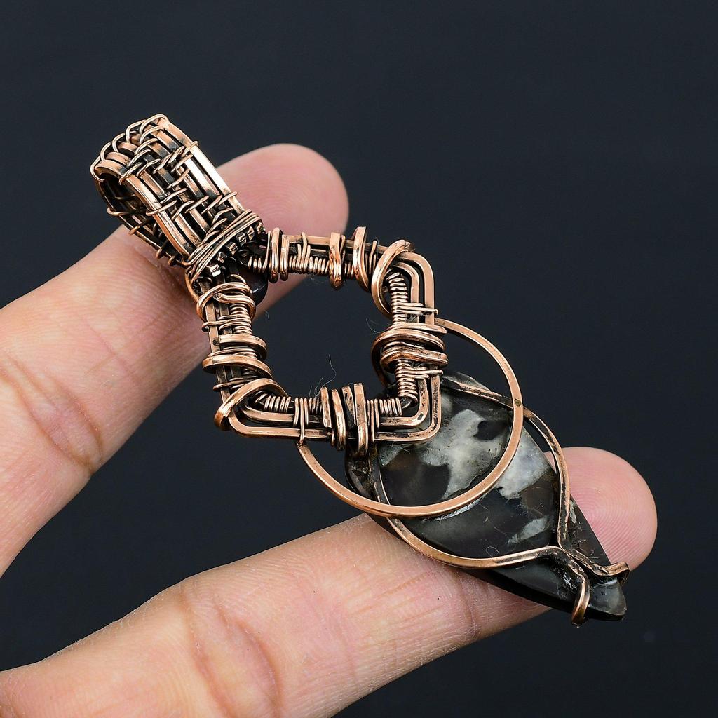 Mudcrack Fossil Gemstone Pure Copper Wire Wrapped Handmade Pendant Jewelry