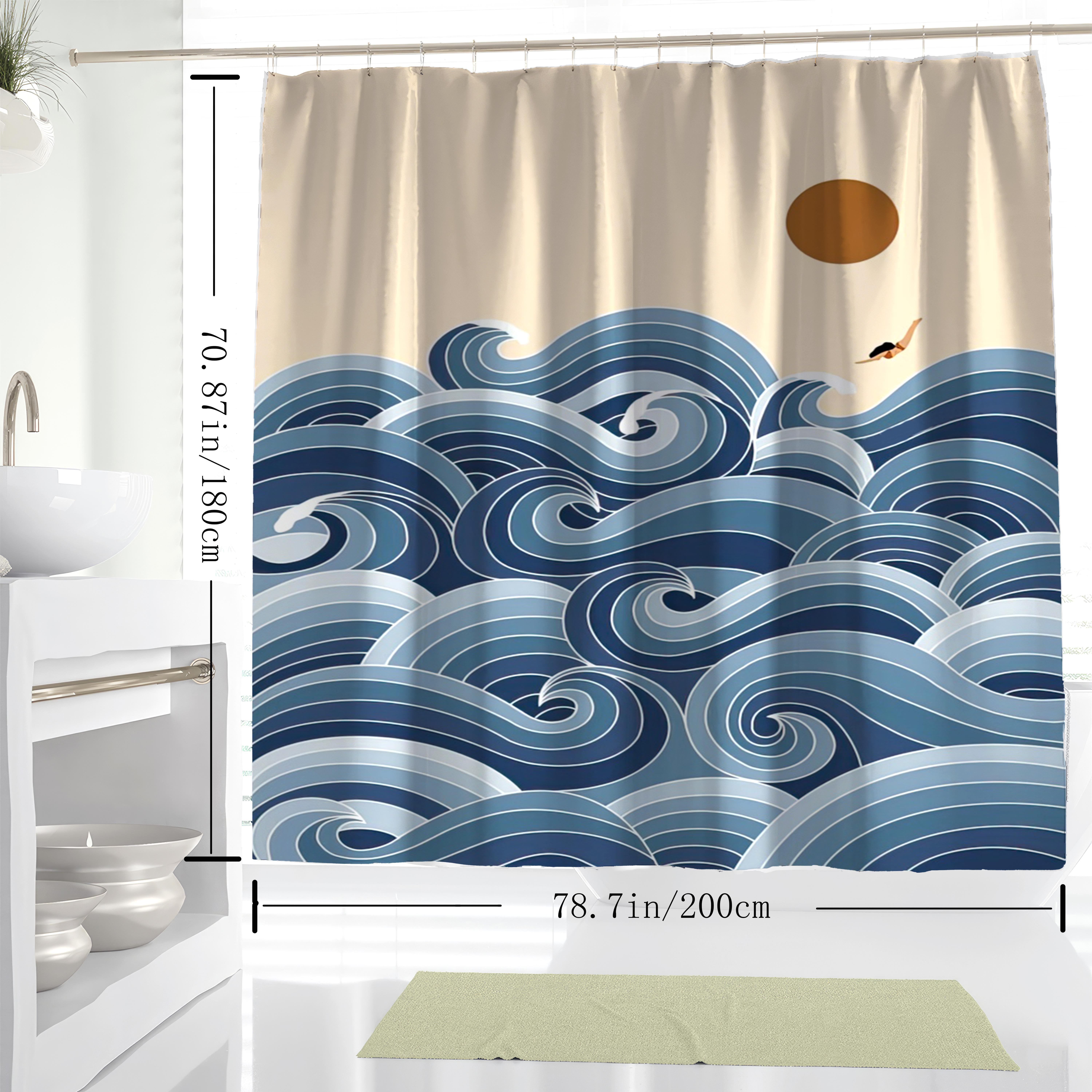 

[Ywjhui Shower Curtain] 1Pc Ywjhui Ocean Wave Print Shower Curtain - High Quality Polyester, Blue And White Wave Design With W60H190(CM)-1 Pcs