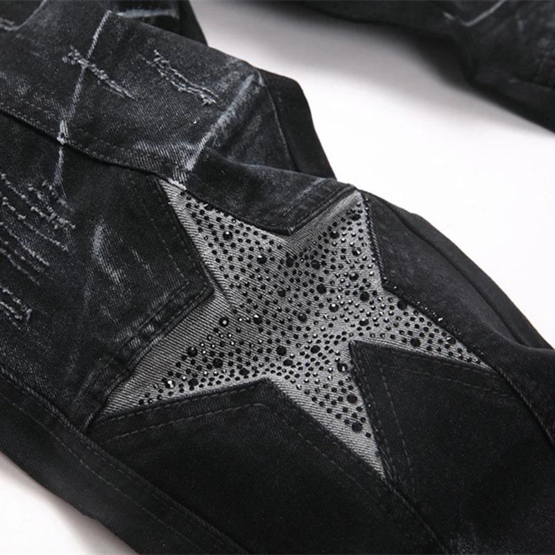 BeatStreet Diamantstjerne Lappeteppe Jeans Menn Mote Svarte Rette Smale Denimbukser Rhinestone Spleising Jeansbukser for Menn