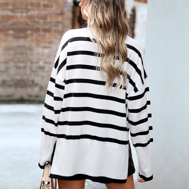 Fashion Women Casual Loose High Neck Striped Knitted Sweater Top Autumn Winter New