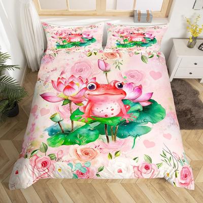 Frog and Lotus Leaf Duvet Cover Sets for Kids Boys Girls Lightweight Quilt Covers Green Animals Themed Bedding Set Bedroom Decor