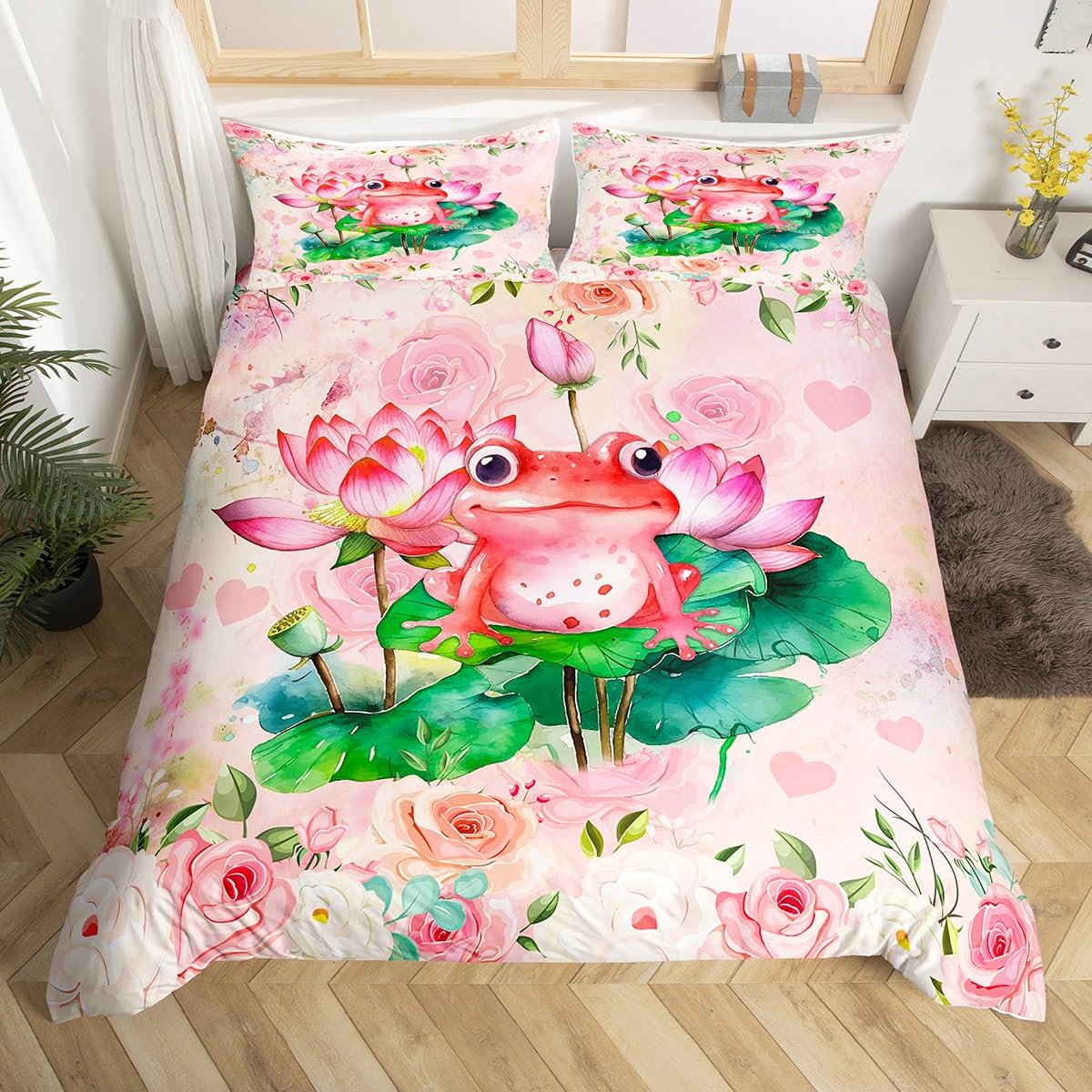 Frog and Lotus Leaf Duvet Cover Sets for Kids Boys Girls Lightweight Quilt Covers Green Animals Themed Bedding Set Bedroom Decor
