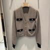 2025 Spring Miu Style Gray V-Neck Long Sleeve Loose Knit Wool Cardigan for Women