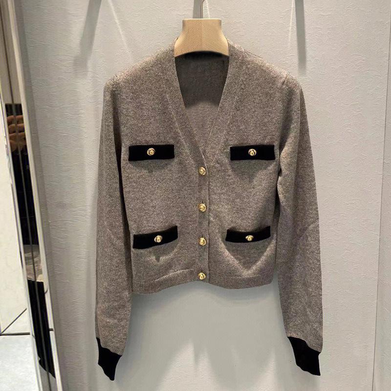 

2025 Spring Miu Style Gray V-Neck Long Sleeve Loose Knit Wool Cardigan for Women Small темно-сірий