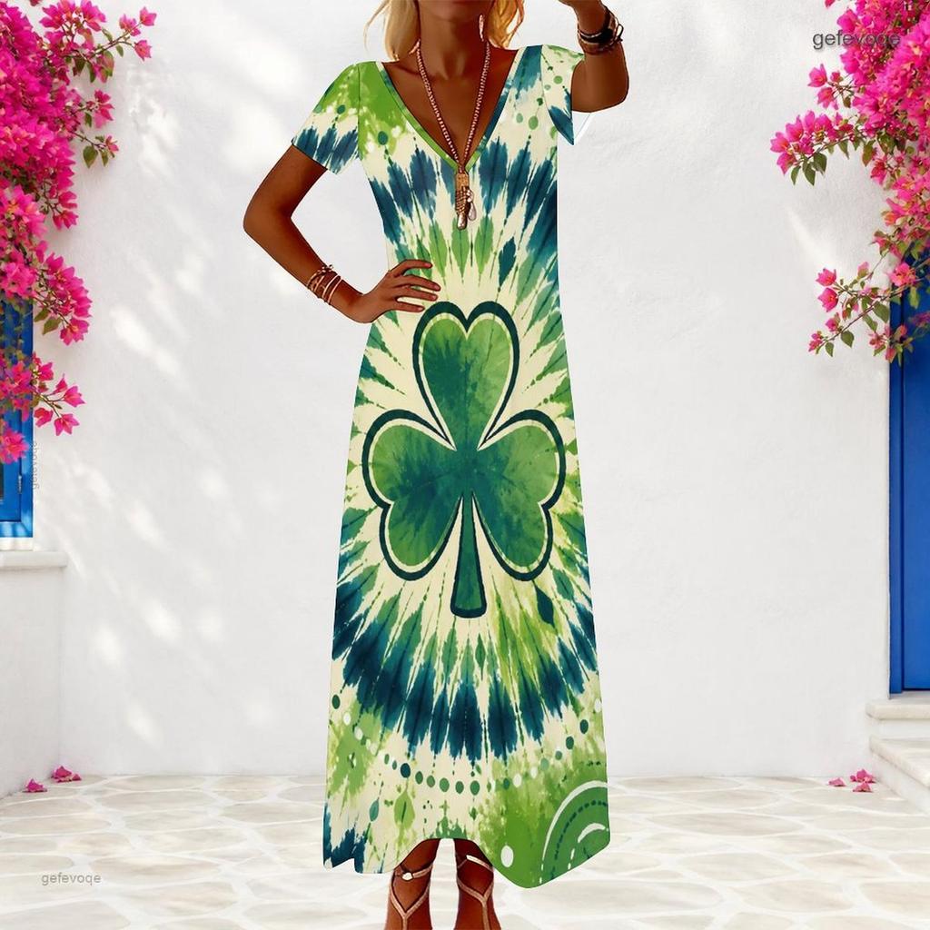 Women Plus Size V Neck Short Sleeve Dark Green Clover Printed Long Dress