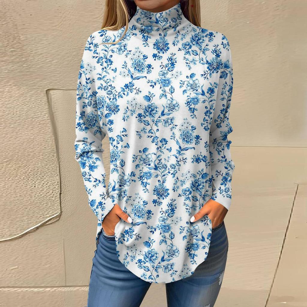 Women's Loose High Neck Retro Floral Print Long Sleeved T-shirt Top Pullover