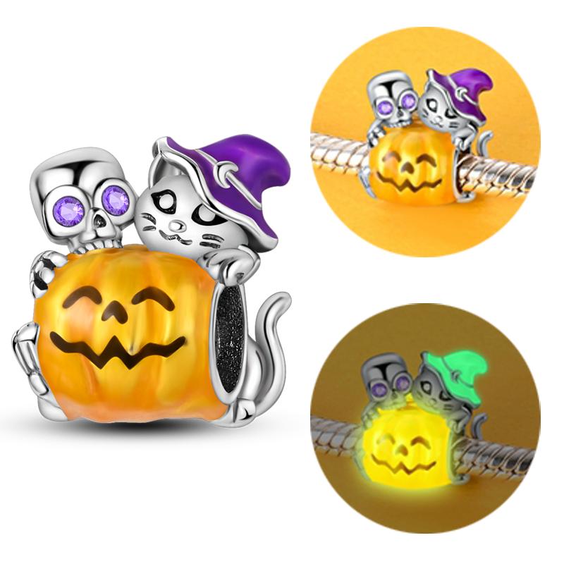 Halloween Copper Charms Beads Pumpkin Skeleton Witch Skull Bat Pendants Fit Bracelet Diy Women Jewelry Gift