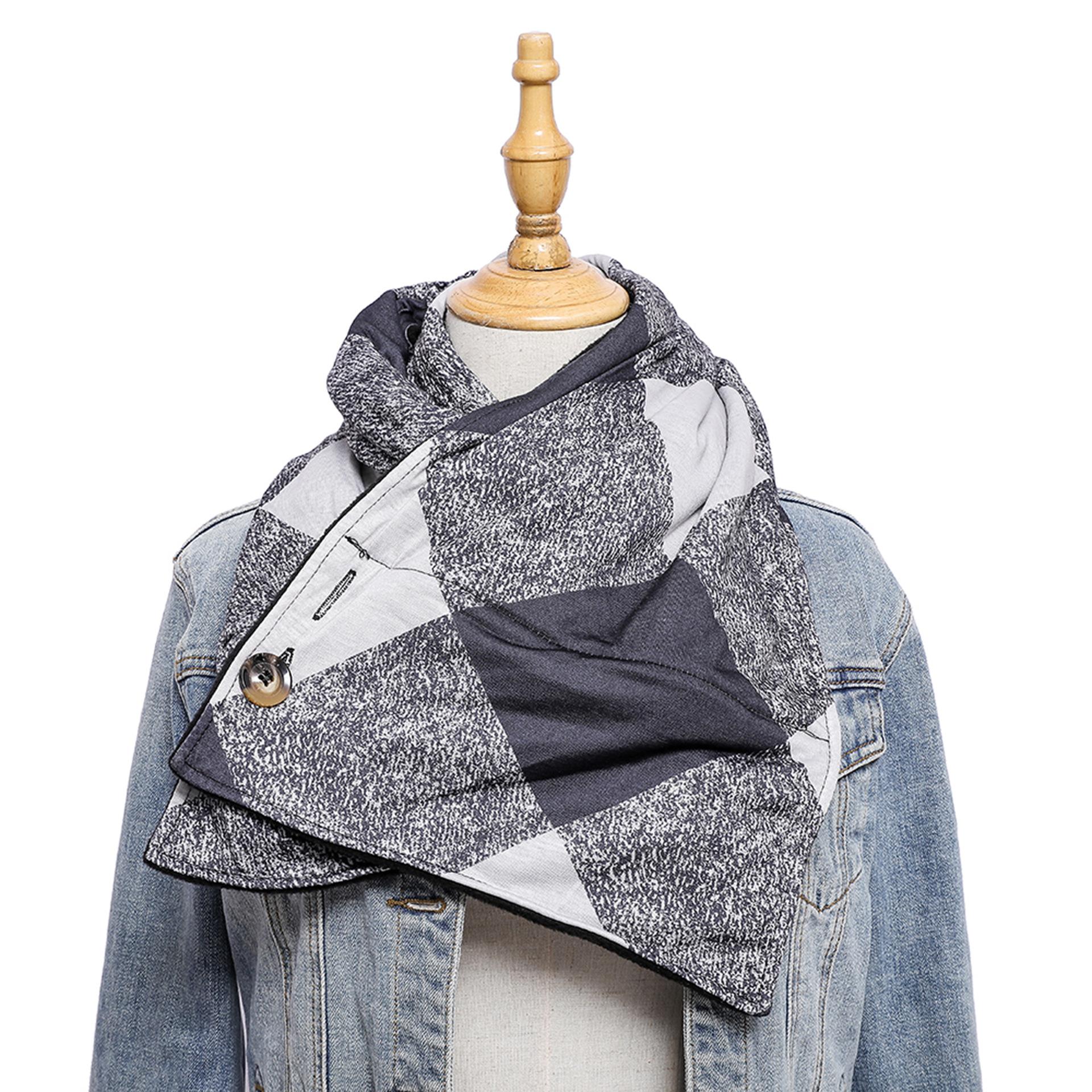 Long Plaid Patchwork Neck Scarf With Button Detail 15027