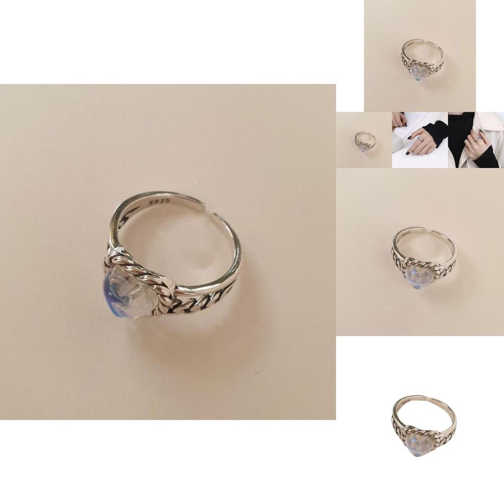 Elegant S925 Silver Double Layer Heart Moonstone Woven Ring For Trendy Girls