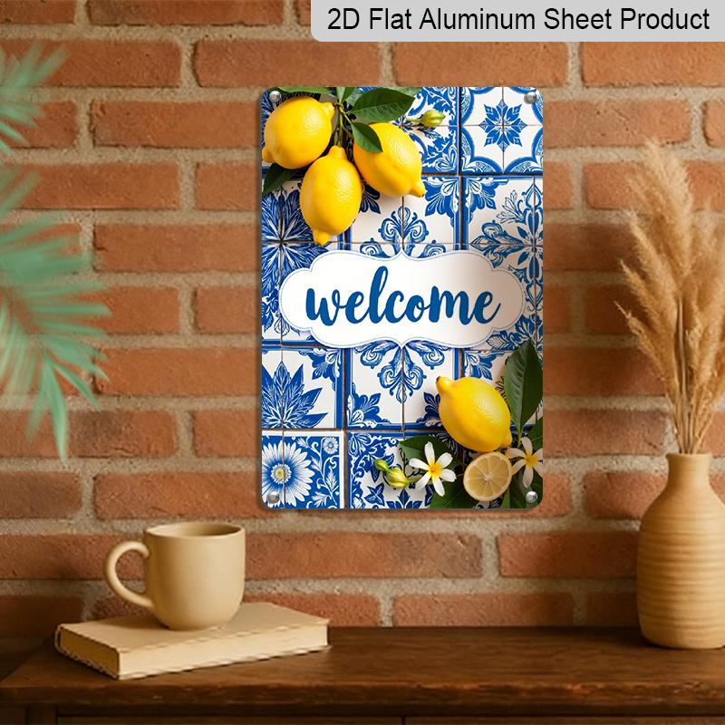 2D Flat, 12.0x8.0inch Metal Welcome Sign - Blue and White Tile Lemon Design with Floral Accents, Mediterranean Style Outdoor Wall Art, Durable