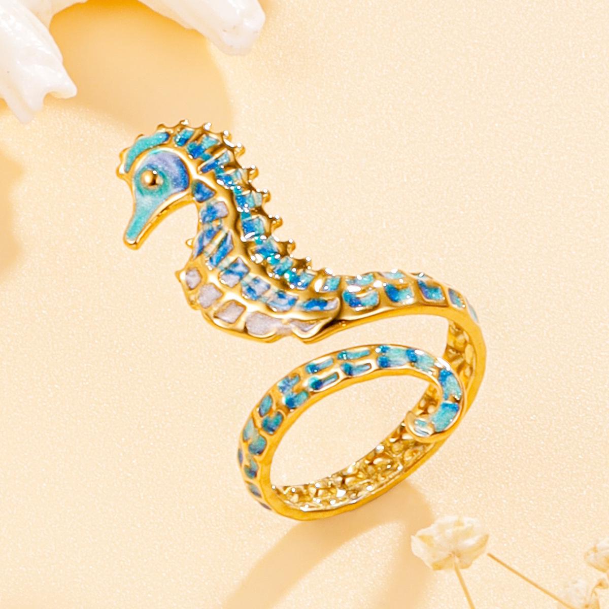 Fresh Holiday Ocean Seahorse Ring: Openable Gold-Plated Stainless Steel with Drop Oil Design.