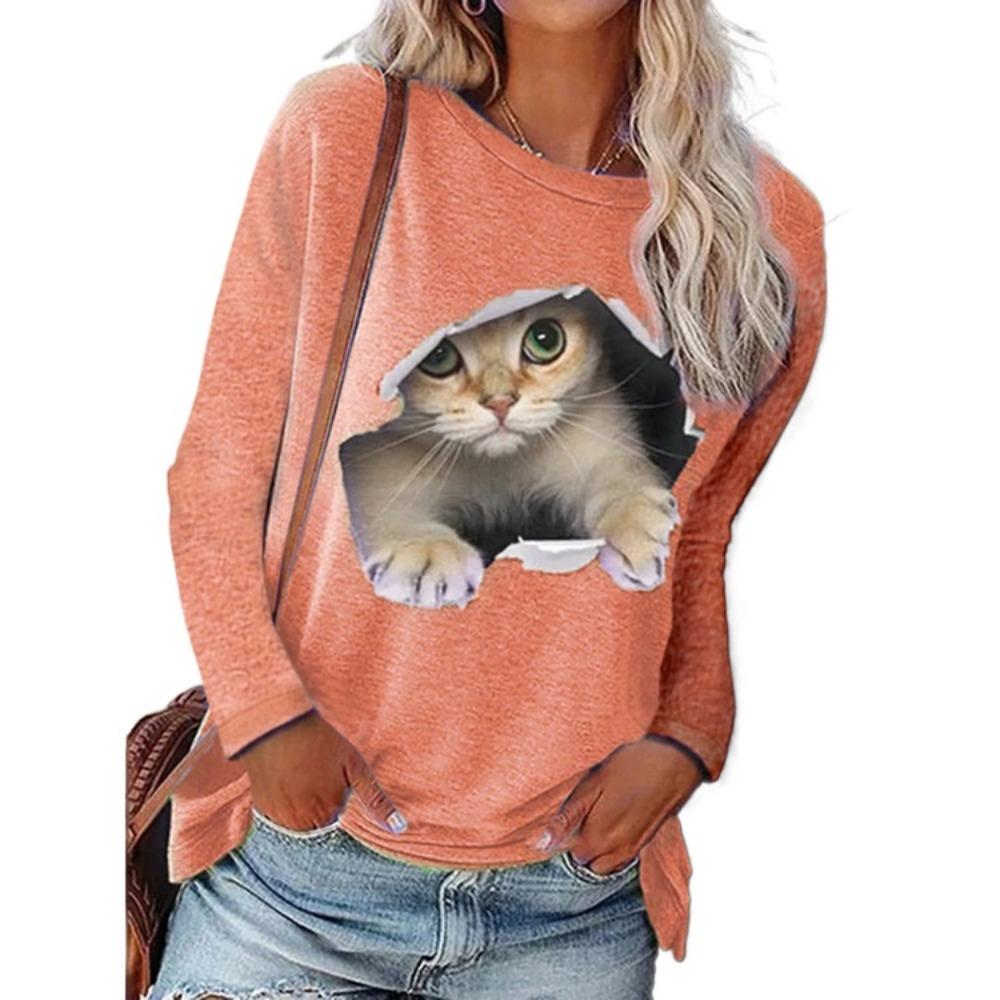 GMXIA Women's Fashion Casual Spring Autumn Kitten print Long Sleeve O-Neck Blouses & Shirts
