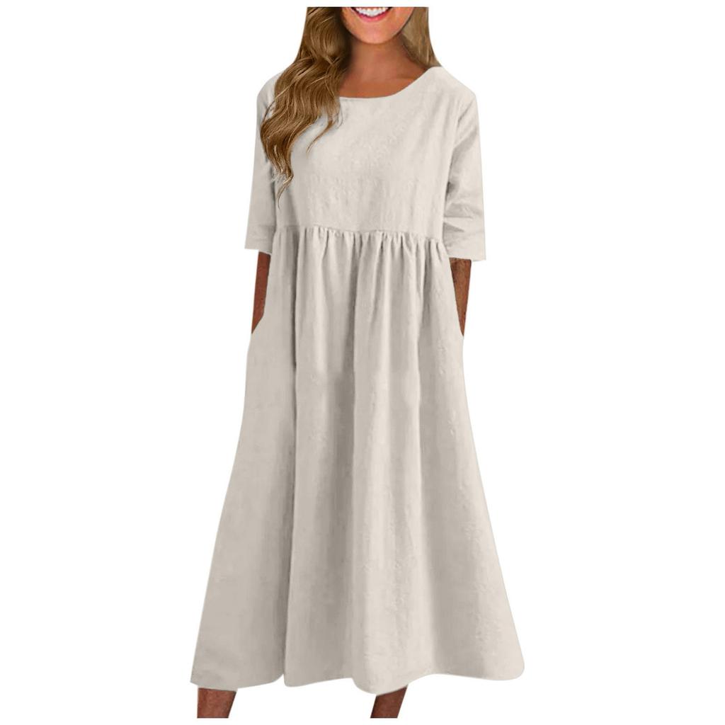 Women's Summer Solid Color Round Neck Half Sleeve  Casual Long Solid Color Dress