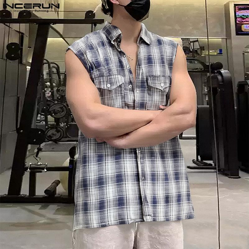 INCERUN Men Lapel Sleeveless Gradient Plaid Print Casual Shirts Tank Tops