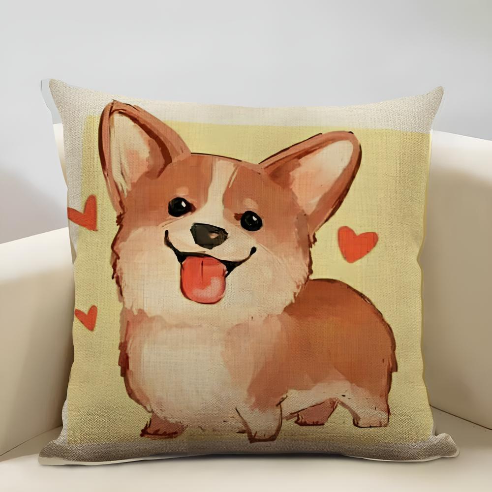 Corgi Cushion Cover Household Decoration Linen Sofa Cushion Cover: Skin-Friendly & Breathable With Invisible Zipper