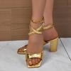 Fashion High Heeled Sandals for Women,  Summer New Item, Thick Heel, Metal Stone Pattern, Cross Buckle Women's Fashionable Women's Shoes