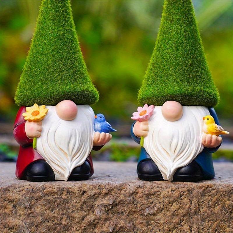 Desene animat Elf de grădină Ornamente din rășină Pălărie verde, flori, pasăre, bătrân, fără chip, drăguț, pitic, statuie, grădină, curte, elf, sculptură, nou