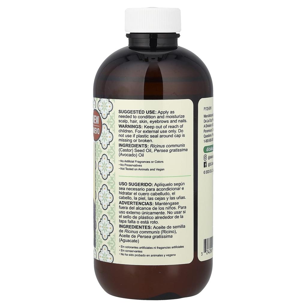 De La Cruz Hair and Skin Oil, Avocado with Castor, 8 Fl Oz (236 Ml)