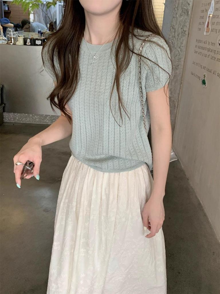 Korean Style Twist Hollow Knitted Short Sleeve Women's Spring/Summer 2025 Top