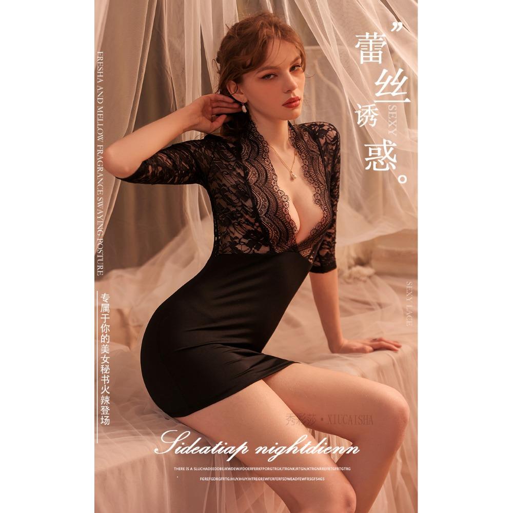 Sexy Underwear Private Room Temptation Secretary Uniform Autumn and Winter Short-sleeved Hip-wrapped Nightdress Casual Home Suit Pajamas Qqny