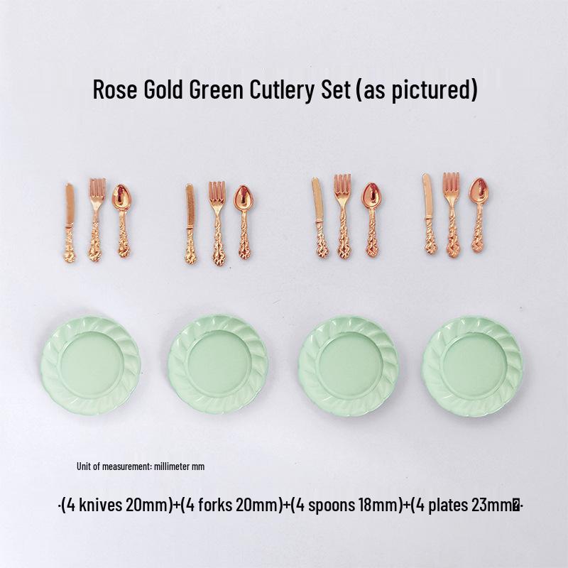 Miniature Dollhouse DIY Model Cake Set: Alloy Plate, Knife, Fork & Spoon Props