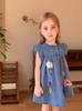Girls Short Sleeve Denim Dress with Cartoon Applique for Summer