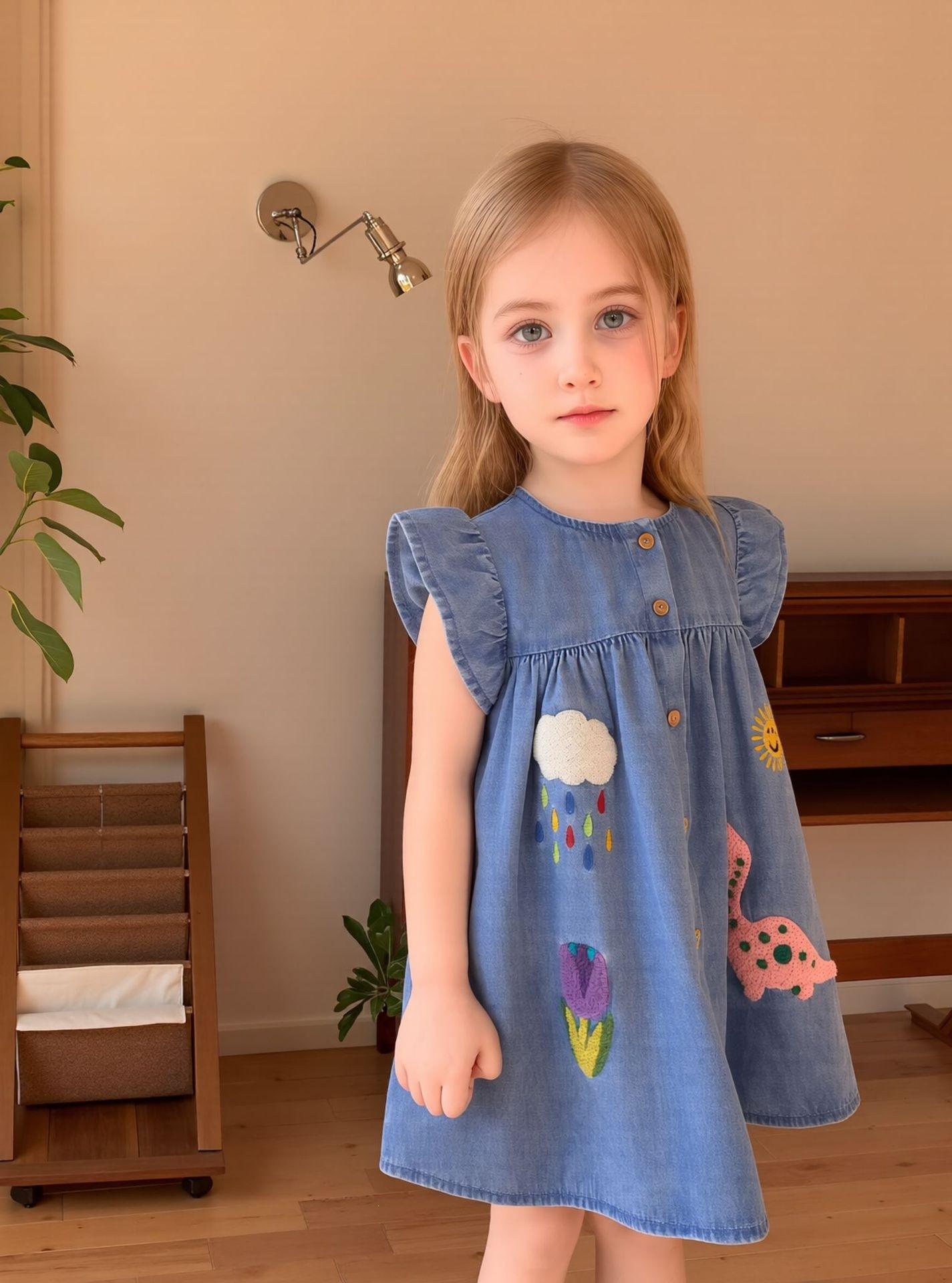 Girls Short Sleeve Denim Dress with Cartoon Applique for Summer 90