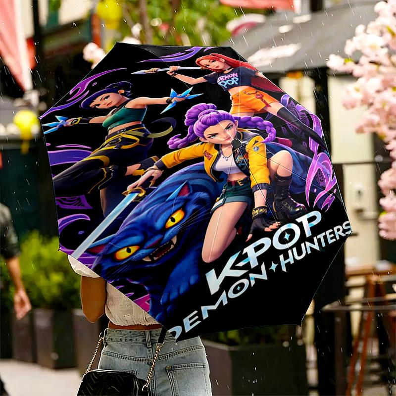 Ombrello KPop Demon Hunters con Stampa Apertura/Chiusura Automatica - Design Pieghevole Portatile - Uso Quotidiano per Viaggi/Outdoor - Regalo per Compleanno