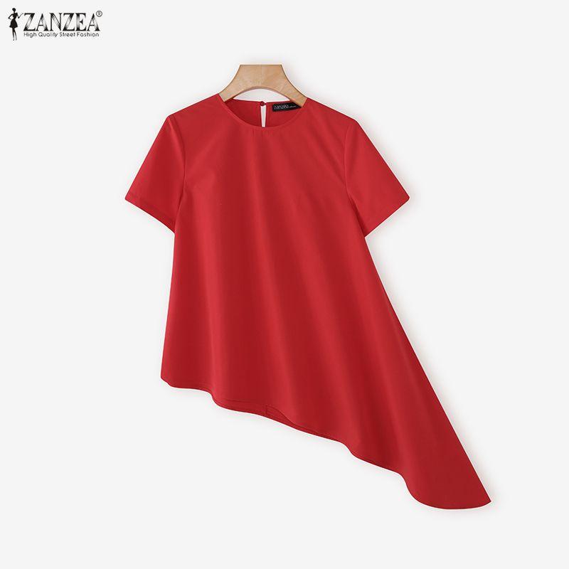 ZANZEA Women Casual Round Neck Short Sleeve Asymmetrical Hem Blouse