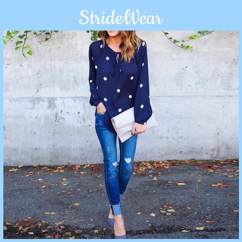 Versatile Woman O Neck Long Sleeve Casual Polka Dot Blue Bodycon Shirt Blouse For Any Occasion