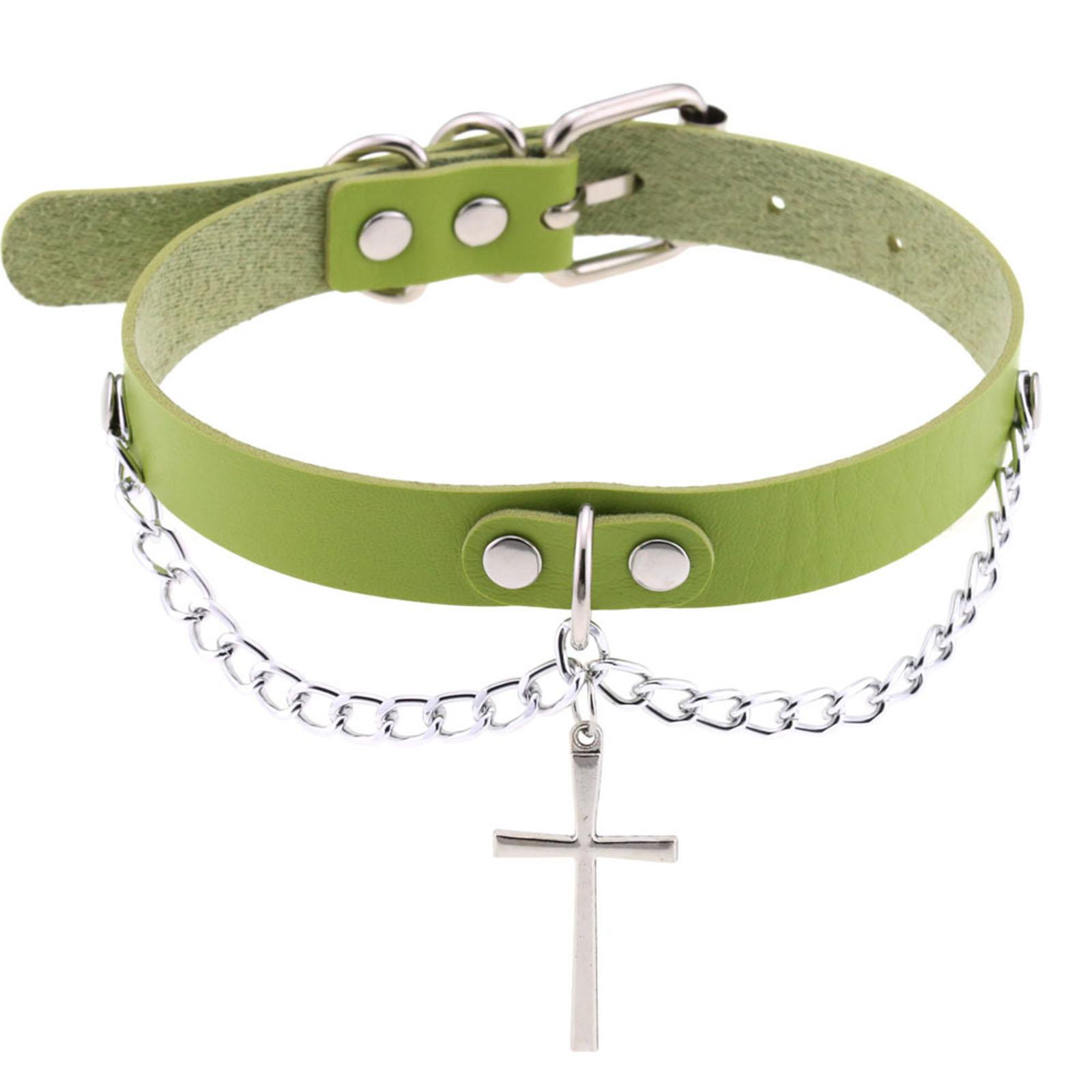 

Gothic Punk Leather Choker Collar Necklace Metal Chain Cross Pendant Choker Necklace Pendientes Party Clubwear Jewelry зелений