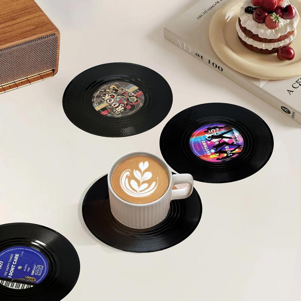 Tsevsesno Set of 6/4 Retro Record Vinyl Coasters for Drinks,Funny Home Decor & Housewarming Gifts New Home, for Music Lovers (4)
