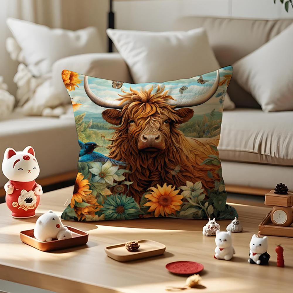 Vibrant Highland Cow Pattern Cushion Cover Silky Short Plush with Invisible Zipper Dustproof Sofa Pillow Cover for Home Decor
