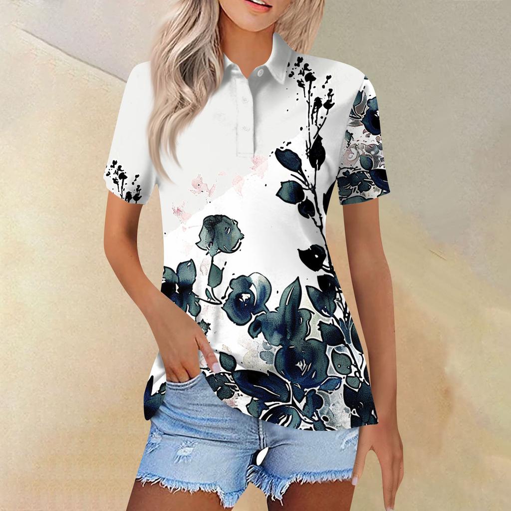 Women's Fashion Casual Lapel Short Sleeve Print Shirt Women's Button Up Tops