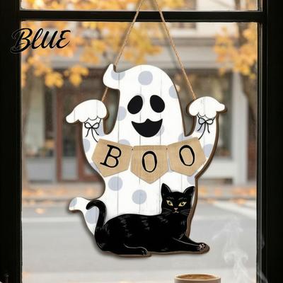 Boho Halloween Raumdekoration Niedlicher Weißer Geist Holz Türhänger Schild mit Schwarzer Katze BOO Gruseliges Ornament Banner Wasserdichte Frontplakette für