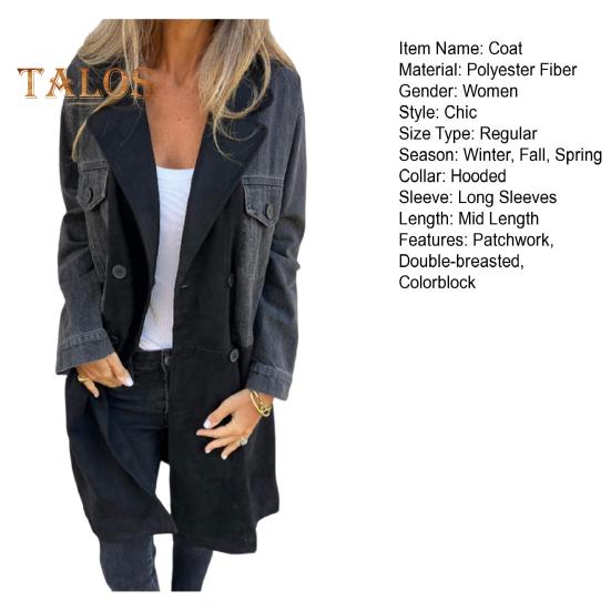 Dámské Jaro Podzim Kabát Džínová bunda Kabát Patchwork Dvouřadý s kapsami s klopou Colorblock Dámský kabát střední délky