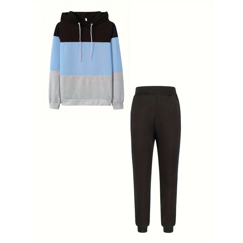 

Весна Новинка Мода Цветной блок Капюшон Кулиска Пуловер Длинный рукав Свитер Брюки Повседневный Спорт Утренняя пробежка Комплект из двух предметов Пакет Blue M