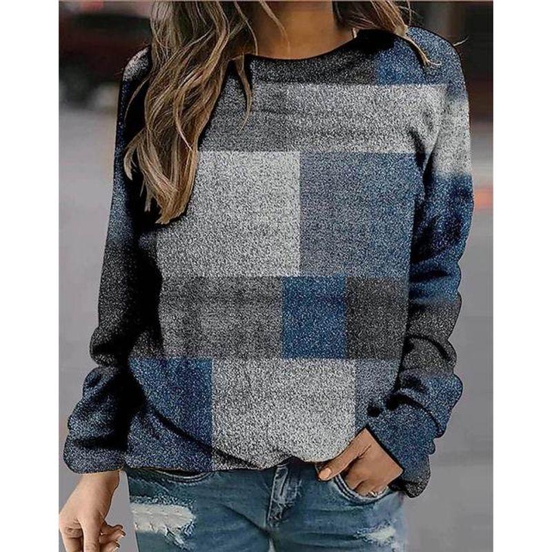 Plaid Printed Long Sleeve Round Neck Sweater Gingham Floral Print Long Sleeve Pullover
