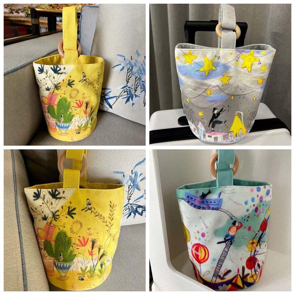 Sky Cartoon Bucket Bag Plant Letter Lunch Bag Reusable Canvas Star Handbag Female/Girls