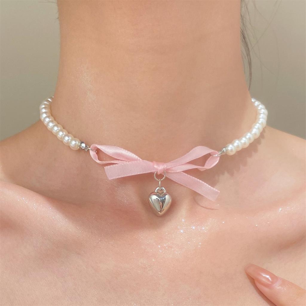 Elegant Heart Bowknot Pearl Pendant Necklace for Women Sweet Versatile Choker Charm Necklaces Fashion Jewelry Gift