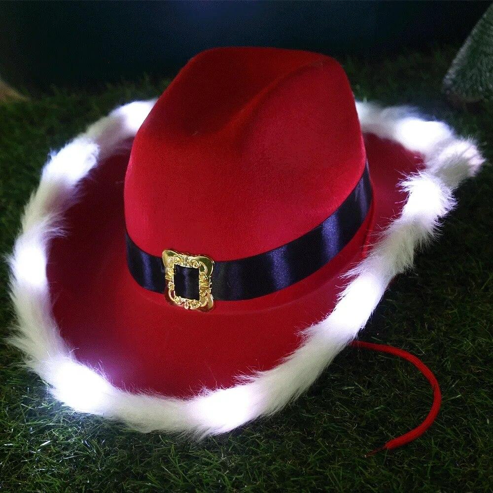 Chapeau De Cowboy Père Noël Rouge à Paillettes - Accessoire Fête Noël, Déguisement - Unisexe Adulte