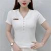 Korean New Summer Trend Slim Fit Design Print Stripe V-neck T-shirt Women's Button Breathable Fashion Casual Short Sleeved Top