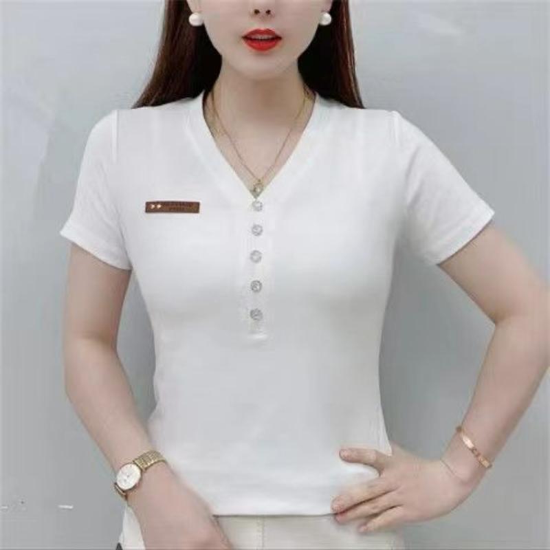 Korean New Summer Trend Slim Fit Design Print Stripe V-neck T-shirt Women's Button Breathable Fashion Casual Short Sleeved Top