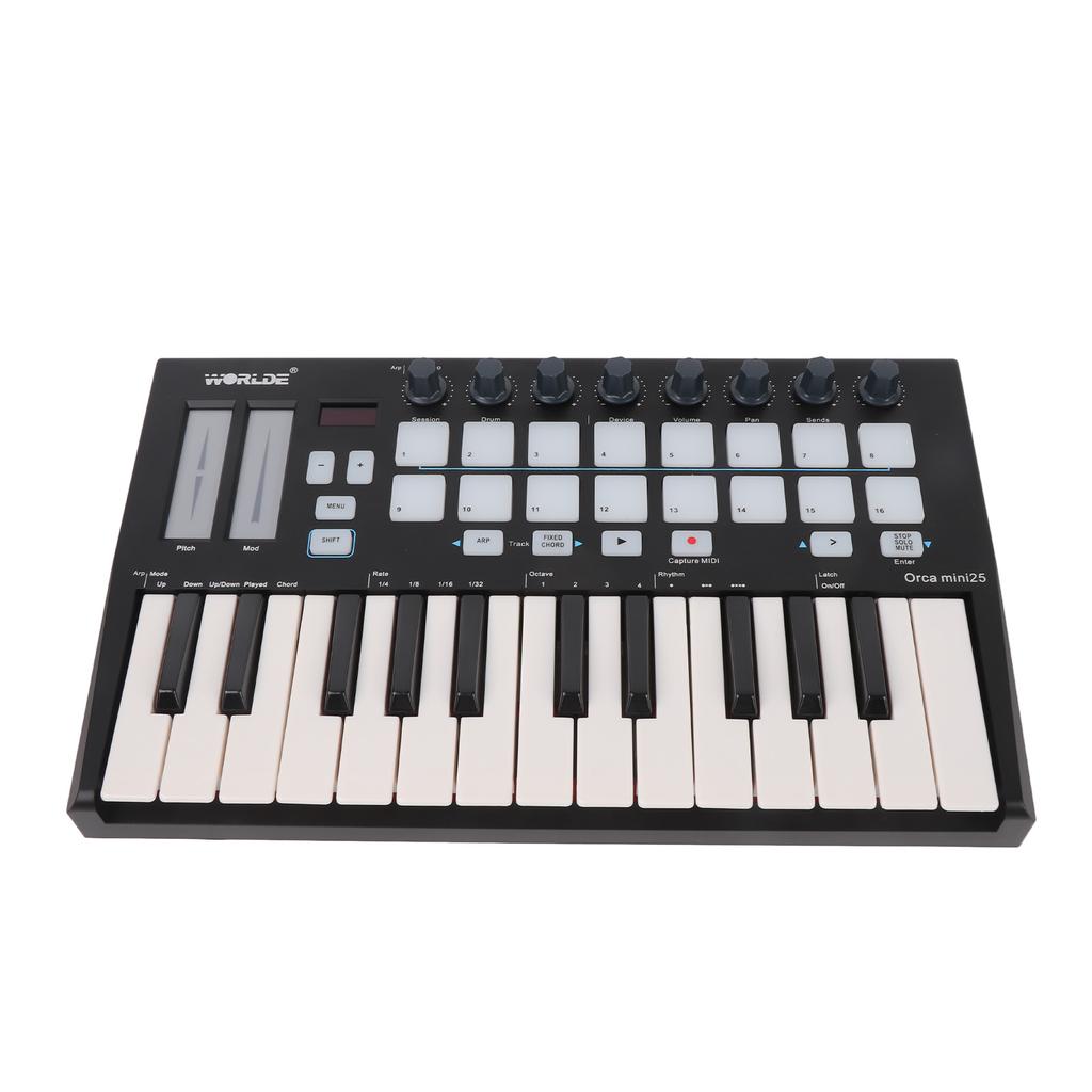 Portable 25 Key USB MIDI Keyboard Controller with 16 RGB Backlit Trigger Pads 8 Assignable Control Knobs