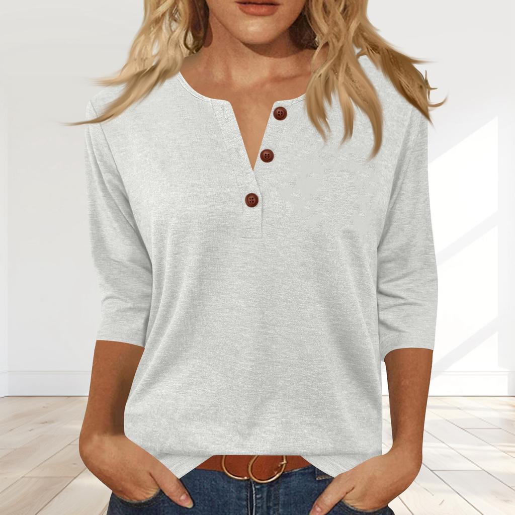 Women's Fashionable Casual Button-down Collar Three-quarter Sleeve T-shirt Top