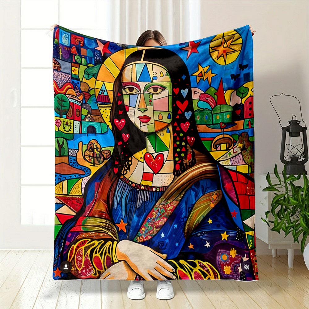 Buntes, vom Kubismus inspiriertes Porträt, vermischt mit Herzen, Sternen und Mustern. Decke für alle Jahreszeiten Mittagspause Überwurf Geschenk