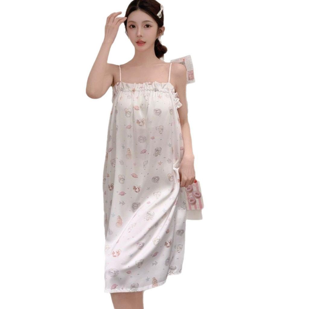 Girly Pajamas Summer Ice Silk Bear Pajamas Japanese Sweet Pajamas Homewear Cute Cartoon Suspender Skirt Powder
