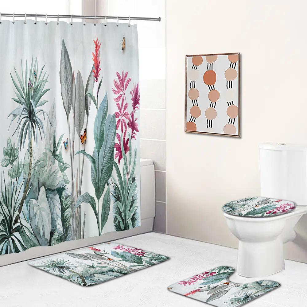 

Bathroom Shower Curtain Green Tropical Plant Leaves Palm Printed Curtain For Bath Anti-Slip Mat Set Toilet Cover Home Decorative W60H190(CM)-1 Pcs
