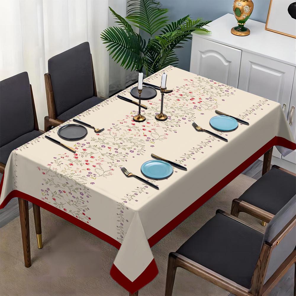 One elegant red-edge floral tablecloth - Clean and romantic polyester rectangle suitable for home kitchen,